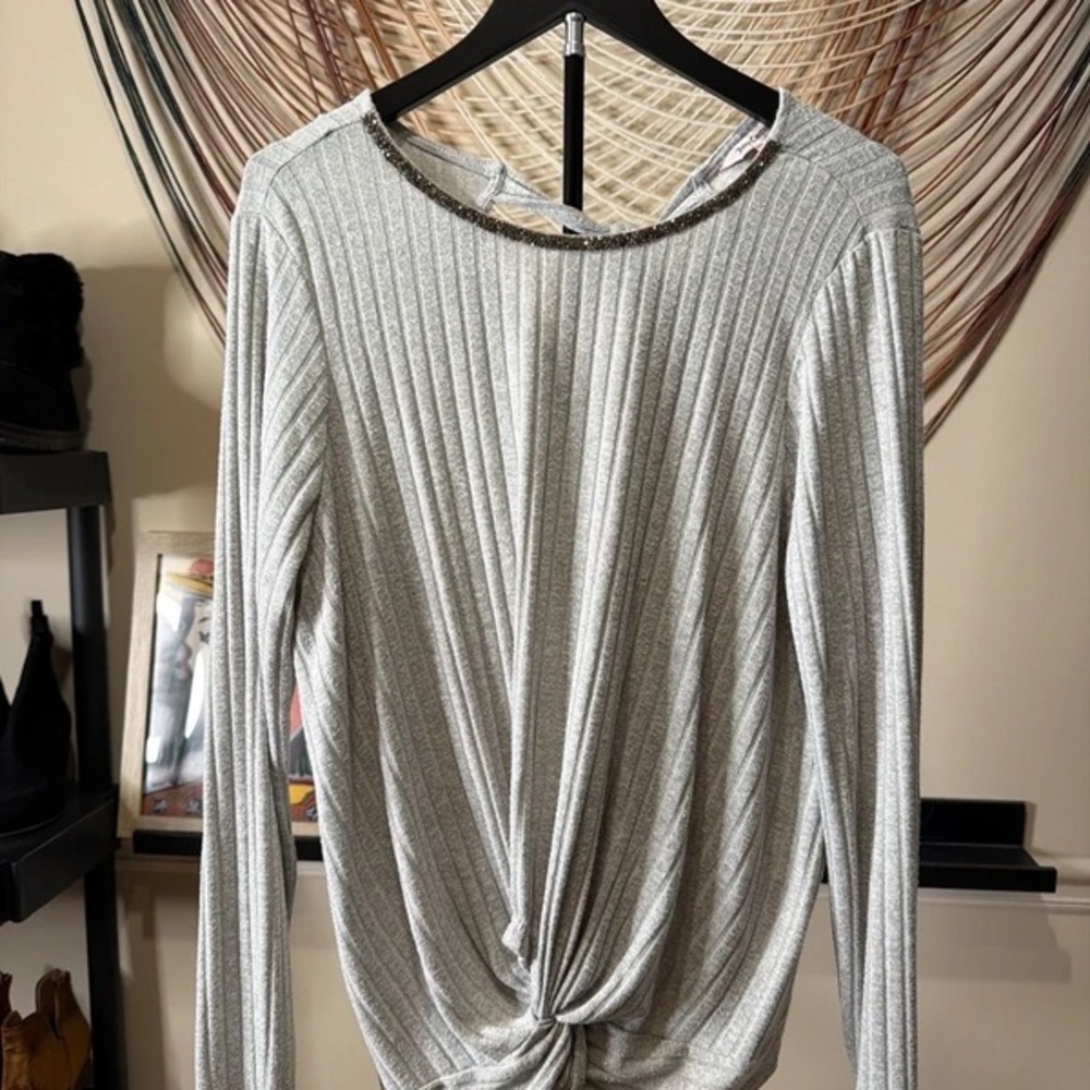 Juicy Couture Silver Shimmer Rib-Knit Long Sleeve Top with Twist